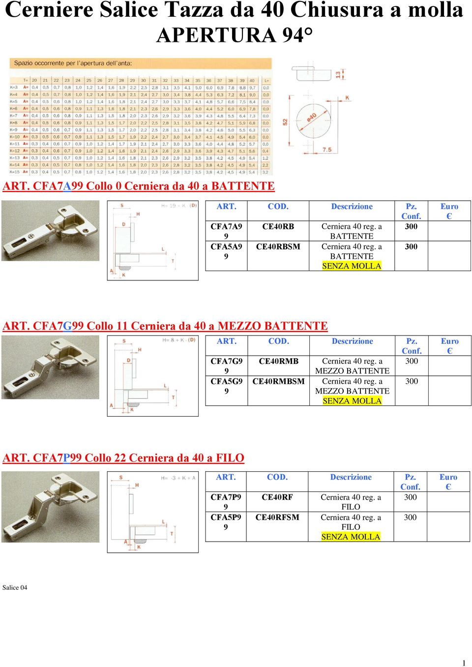 CFA7G Collo Cerniera da 40 a MEZZO BATTENTE CFA7G CE40RMB Cerniera 40 reg. a 300 MEZZO BATTENTE CFA5G CE40RMBSM Cerniera 40 reg.