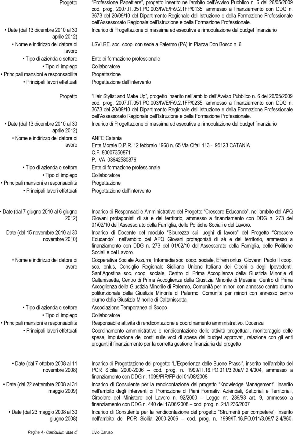 Date (dal 13 dicembre 2010 al 30 Incarico di Progettazione di massima ed esecutiva e rimodulazione del budget finanziario aprile 2012) I.SVI.RE. soc. coop.