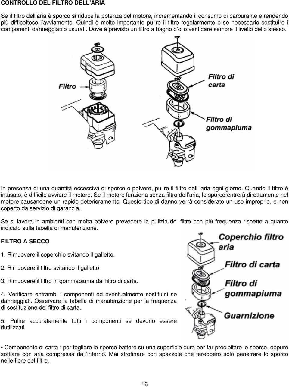 Dove è previsto un filtro a bagno d olio verificare sempre il livello dello stesso. In presenza di una quantità eccessiva di sporco o polvere, pulire il filtro dell aria ogni giorno.