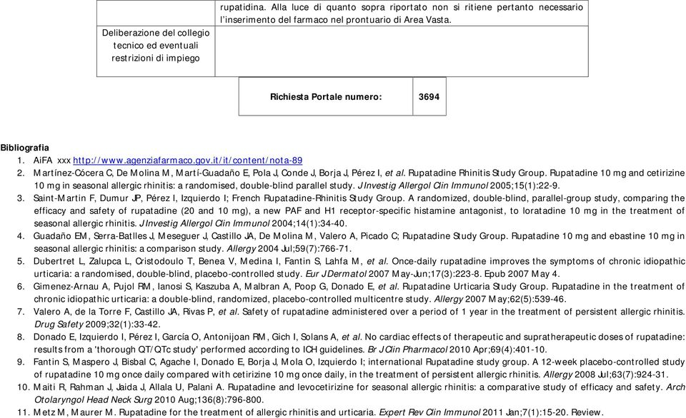 agenziafarmaco.gov.it/it/content/nota-89 2. Martínez-Cócera C, De Molina M, Martí-Guadaño E, Pola J, Conde J, Borja J, Pérez I, et al. Rupatadine Rhinitis Study Group.