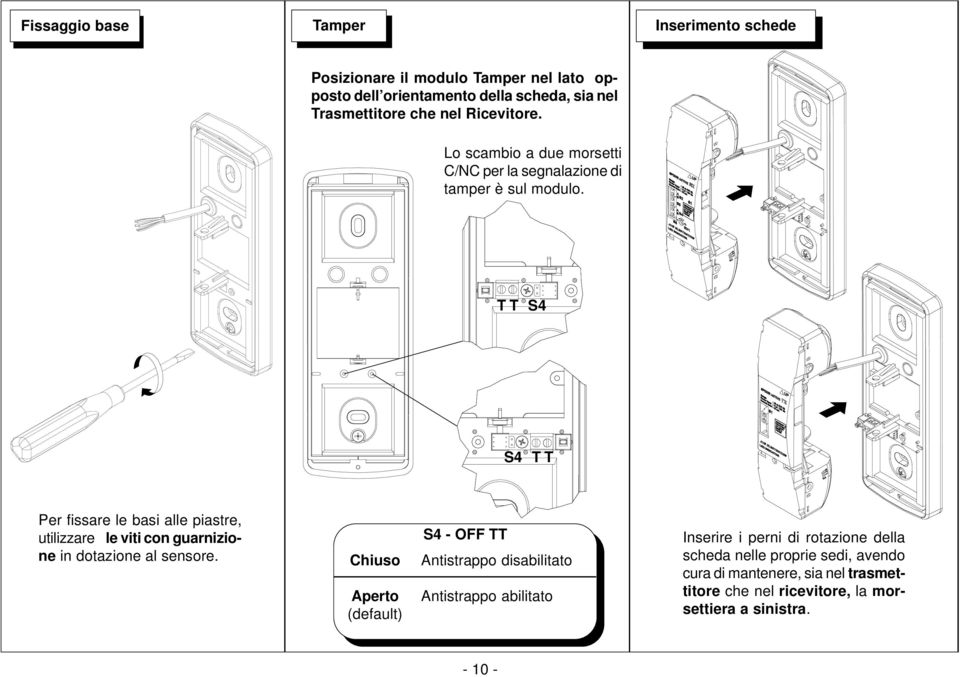 T T S4 S4 T T Per fissare le basi alle piastre, utilizzare le viti con guarnizione in dotazione al sensore.