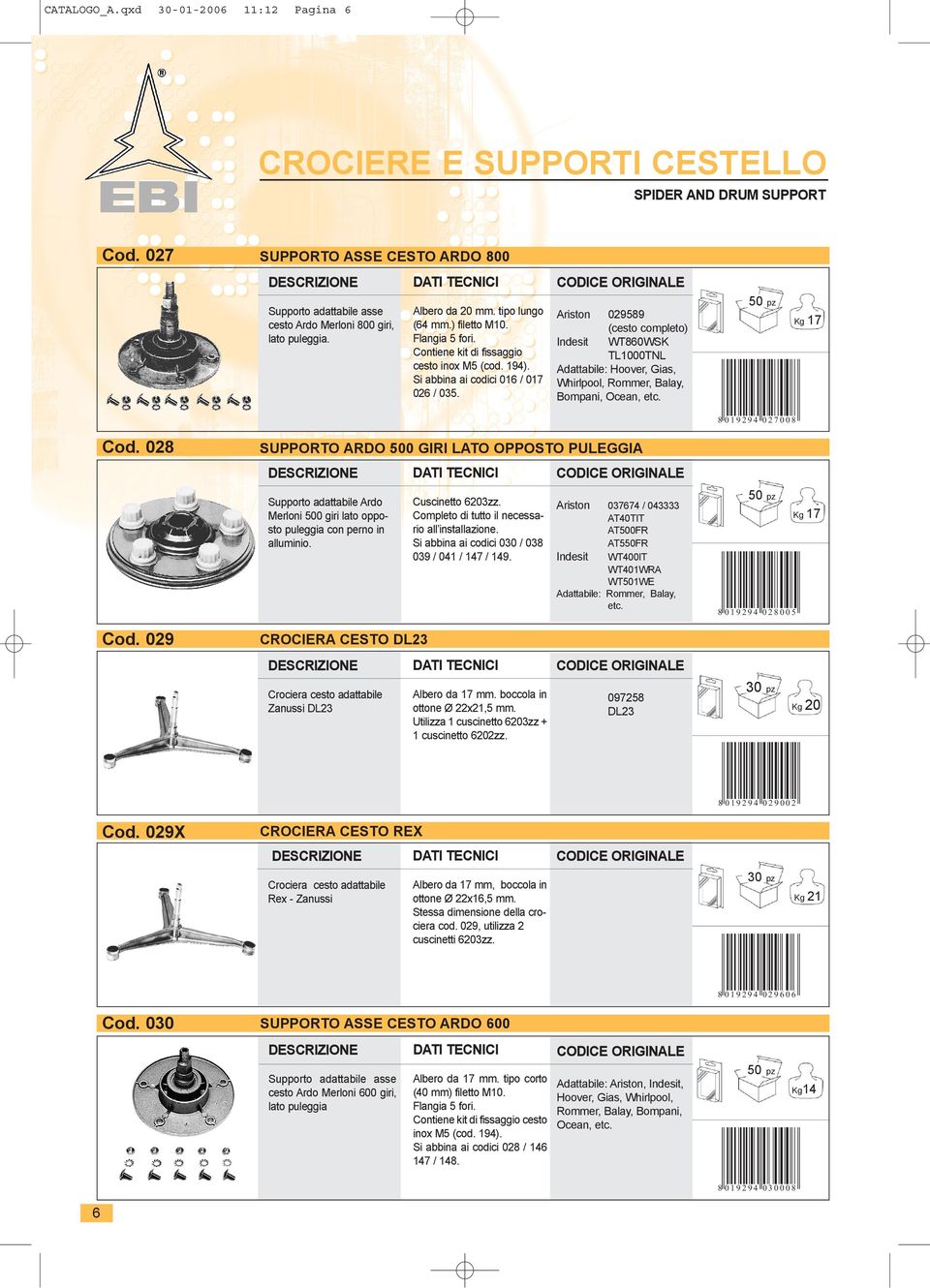 Ariston 029589 (cesto completo) Indesit WT860WSK TL00TNL Adattabile: Hoover, Gias, Whirlpool, Rommer, Balay, Bompani, Ocean, etc. 17 8 019294 027008 Cod. 028 Cod.