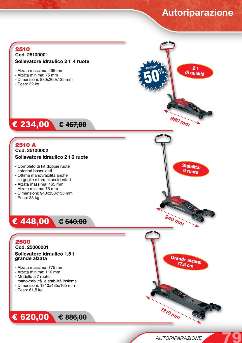 2500002 Sollevatore idraulico 2 t 6 ruote Stabilità: 6 ruote - Completo di kit doppie ruote anteriori basculanti - Ottima manovrabilità anche su griglie e terreni accidentati - Alzata