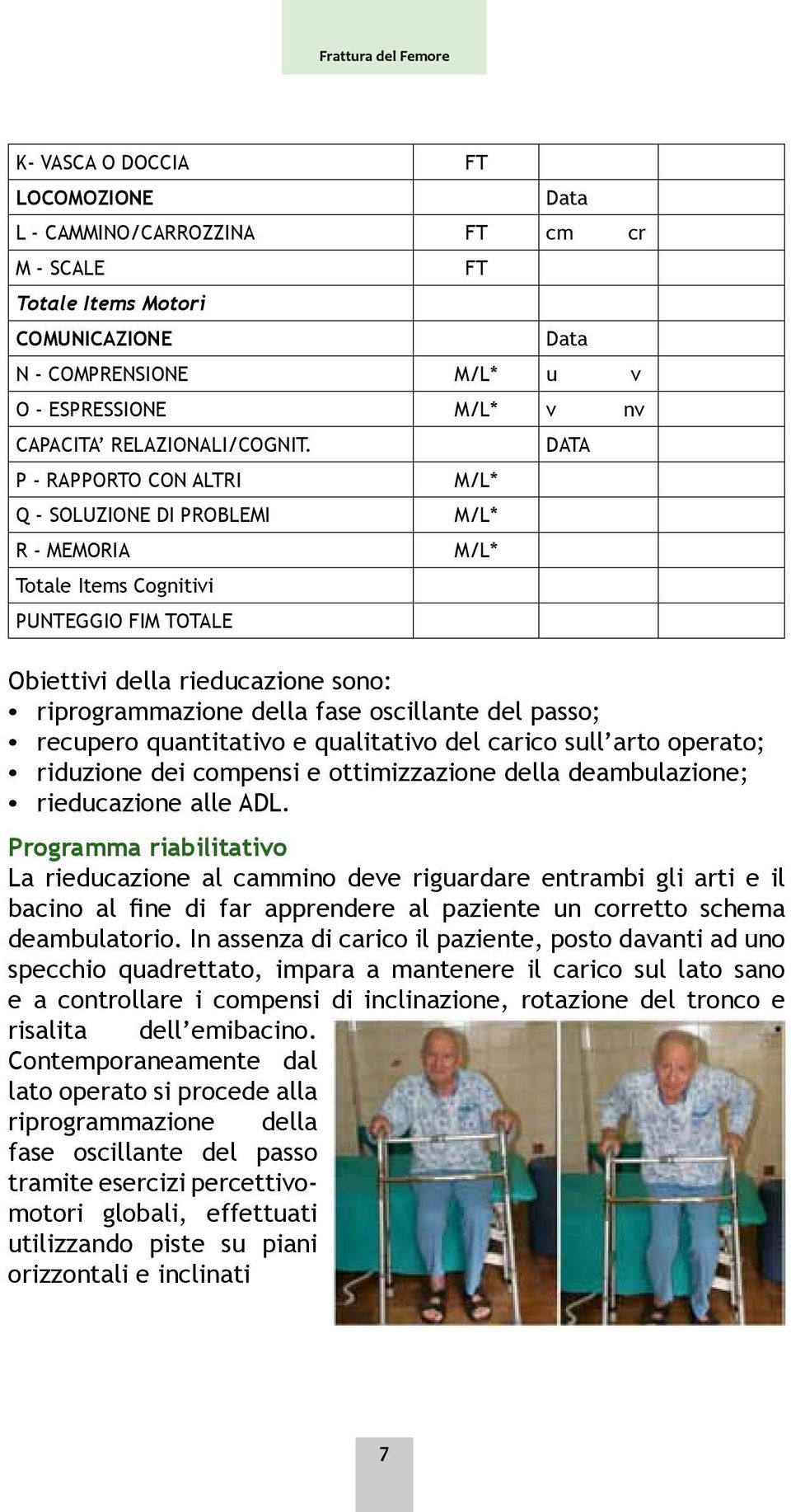 DATA P - RAPPORTO CON ALTRI M/L* Q - SOLUZIONE DI PROBLEMI M/L* R - MEMORIA M/L* Totale Items Cognitivi PUNTEGGIO FIM TOTALE Obiettivi della rieducazione sono: riprogrammazione della fase oscillante