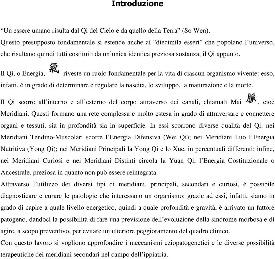 Il Qi, o Energia, riveste un ruolo fondamentale per la vita di ciascun organismo vivente: esso, infatti, è in grado di determinare e regolare la nascita, lo sviluppo, la maturazione e la morte.