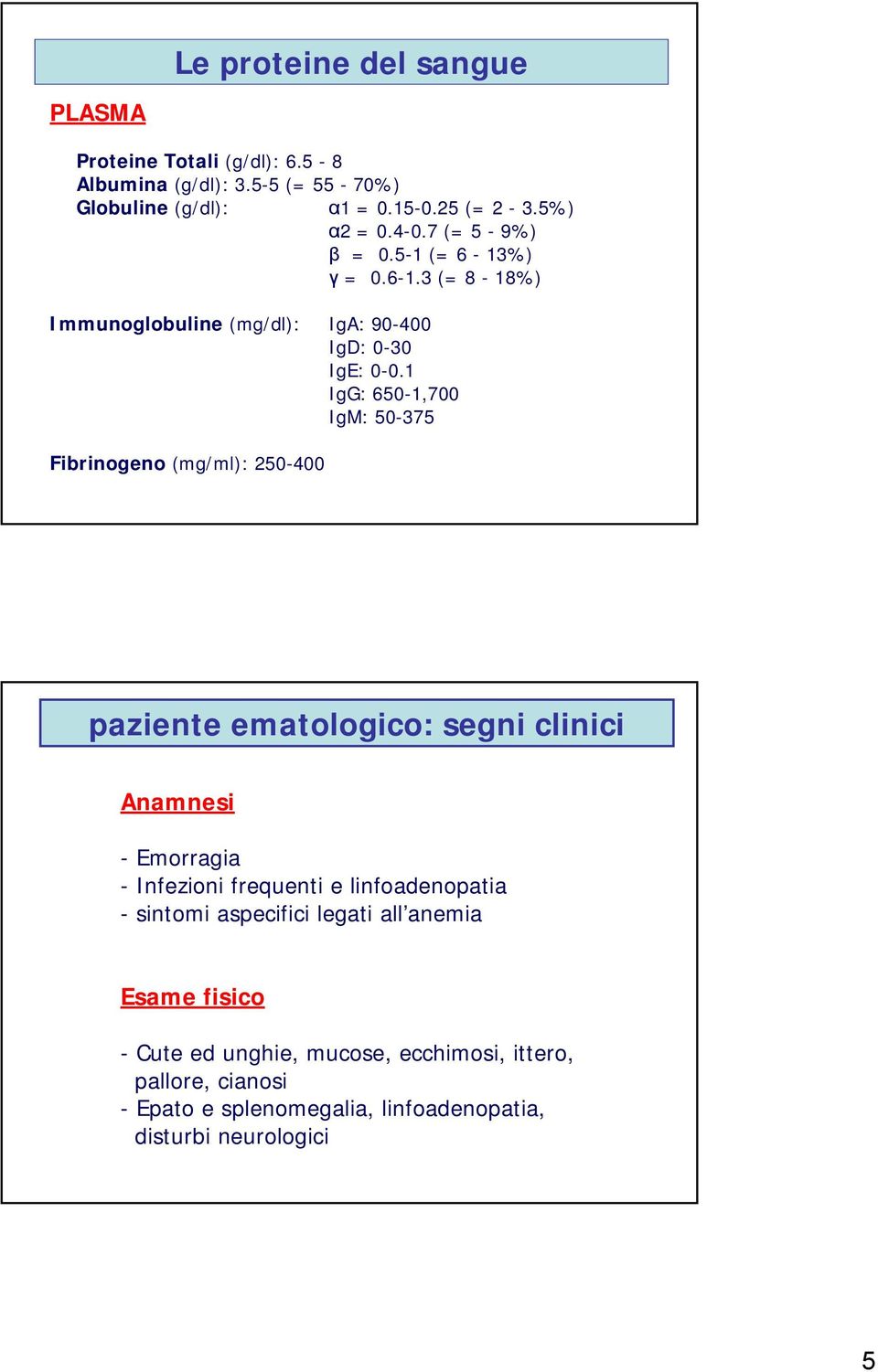 1 IgG: 650-1,700 IgM: 50-375 Fibrinogeno (mg/ml): 250-400 paziente ematologico: segni clinici Anamnesi - Emorragia - Infezioni frequenti e