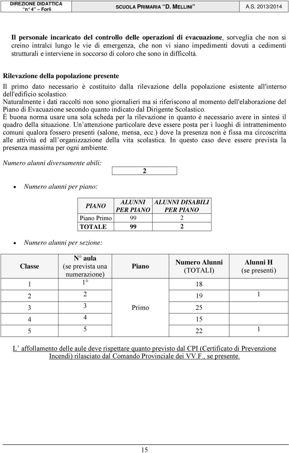 Rilevazione della popolazione presente Il primo dato necessario è costituito dalla rilevazione della popolazione esistente all'interno dell'edificio scolastico.