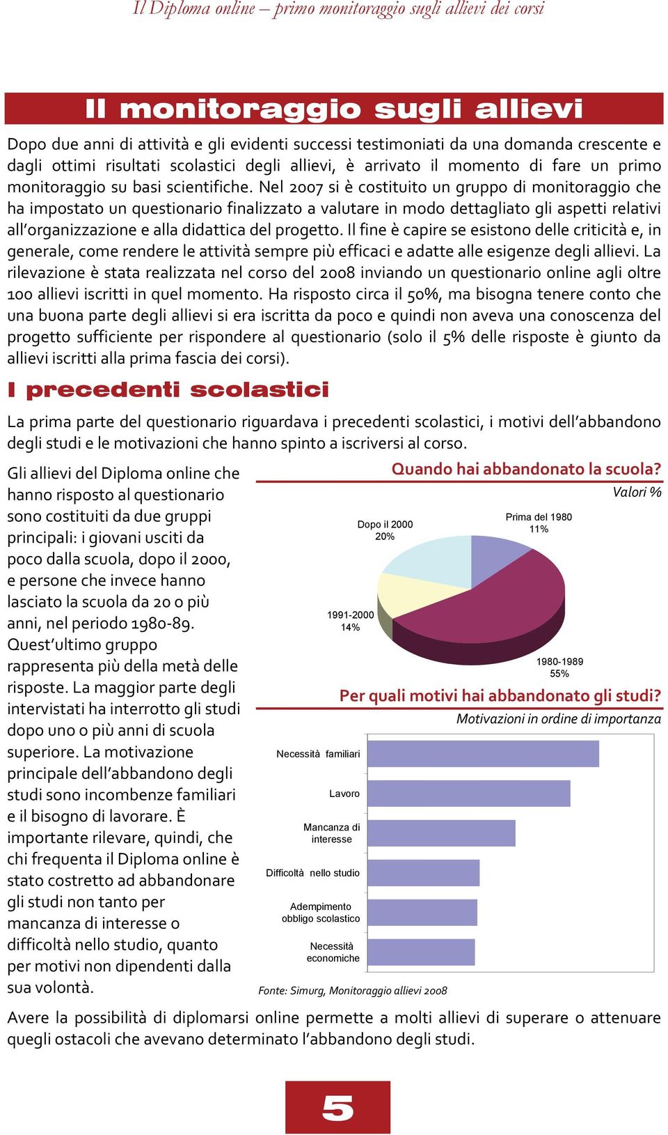 Nel 2007 si è costituito un gruppo di monitoraggio che ha impostato un questionario finalizzato a valutare in modo dettagliato gli aspetti relativi all organizzazione e alla didattica del progetto.