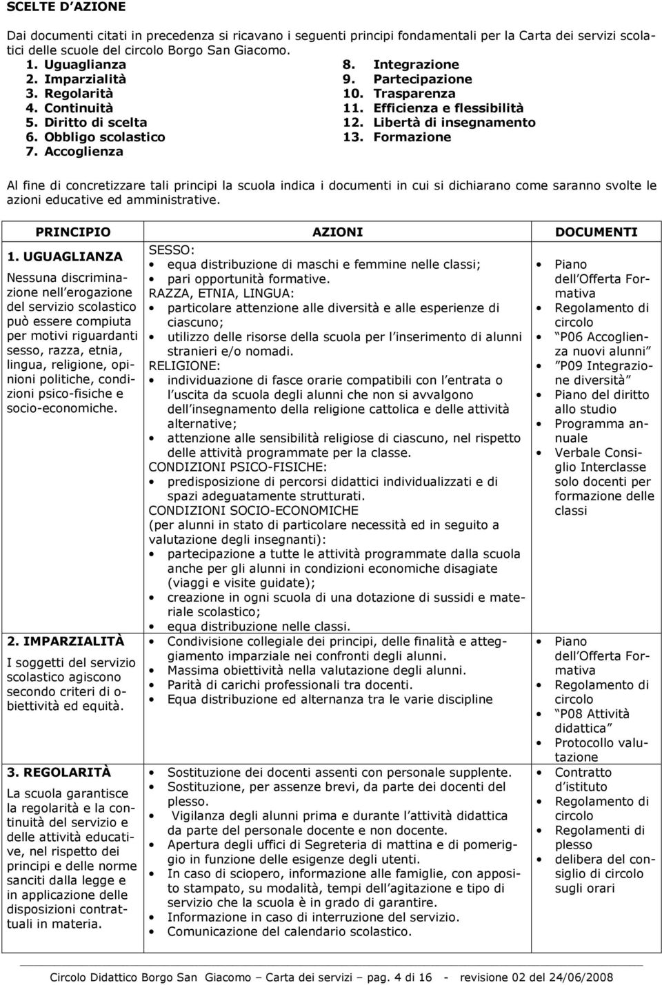 Formazione 7. Accoglienza Al fine di concretizzare tali principi la scuola indica i documenti in cui si dichiarano come saranno svolte le azioni educative ed amministrative.