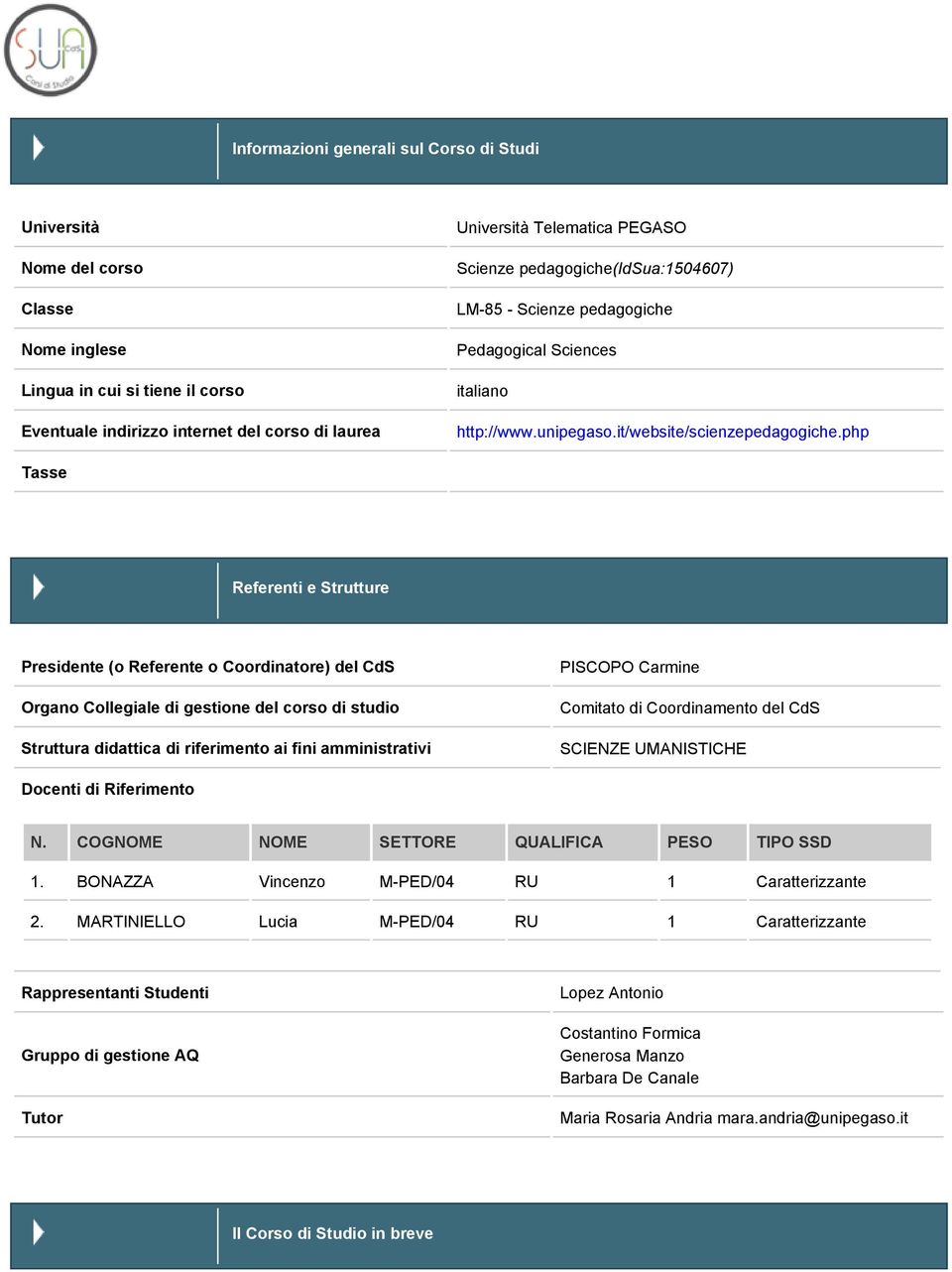 php Tasse Referenti e Strutture Presidente (o Referente o Coordinatore) del CdS Organo Collegiale di gestione del corso di studio Struttura didattica di riferimento ai fini amministrativi PISCOPO