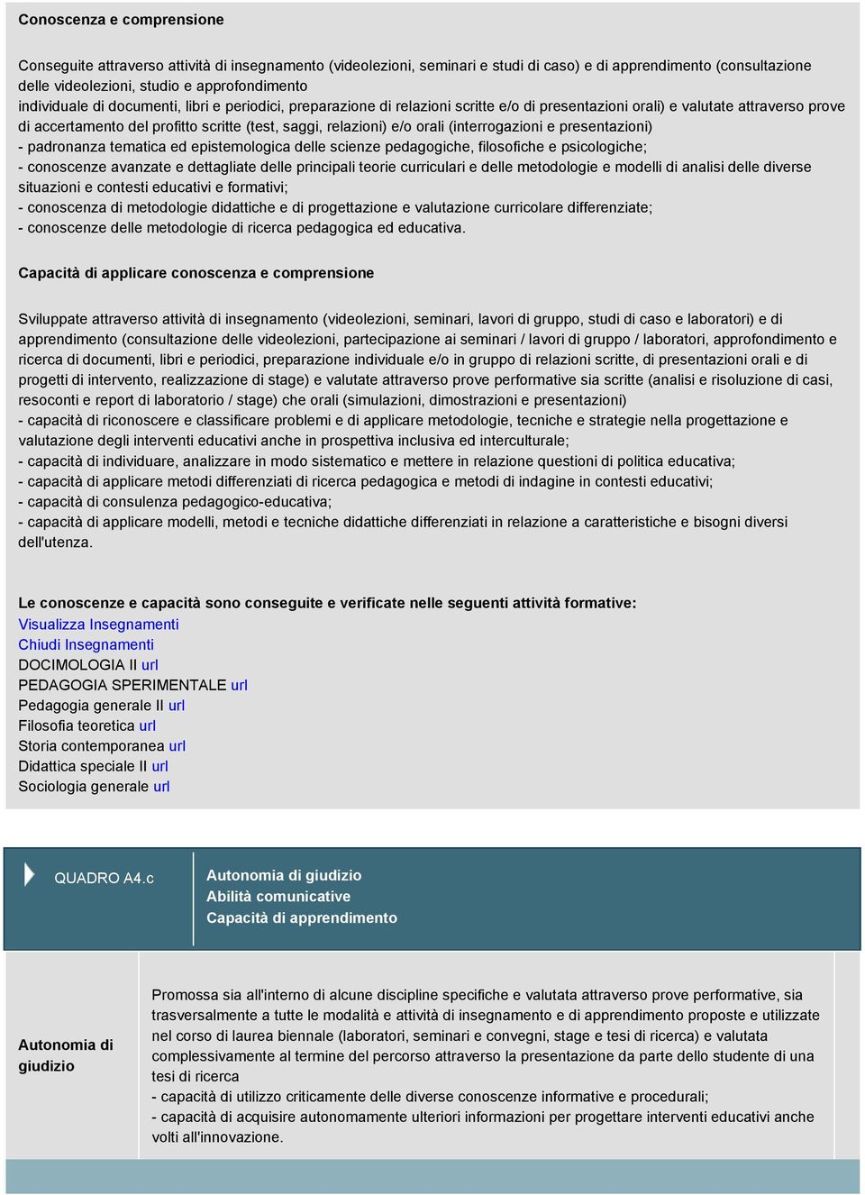 e/o orali (interrogazioni e presentazioni) - padronanza tematica ed epistemologica delle scienze pedagogiche, filosofiche e psicologiche; - conoscenze avanzate e dettagliate delle principali teorie