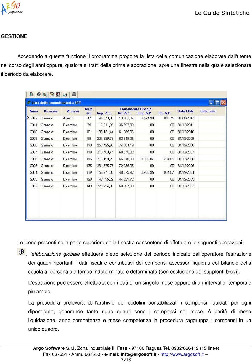 Le icone presenti nella parte superiore della finestra consentono di effettuare le seguenti operazioni:, l'elaborazione globale effettuerà dietro selezione del periodo indicato dall'operatore