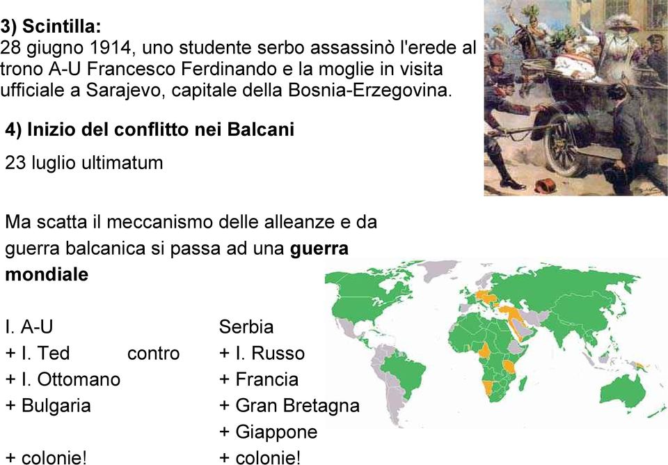 4) Inizio del conflitto nei Balcani 23 luglio ultimatum Ma scatta il meccanismo delle alleanze e da guerra