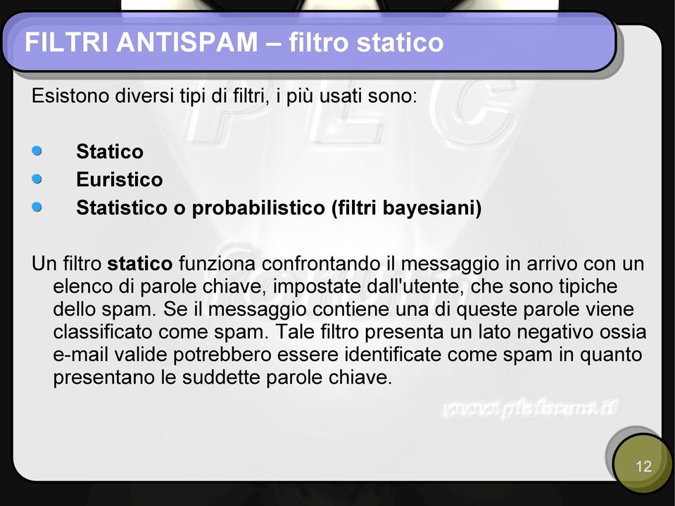 dall'utente, che sono tipiche dello spam. Se il messaggio contiene una di queste parole viene classificato come spam.