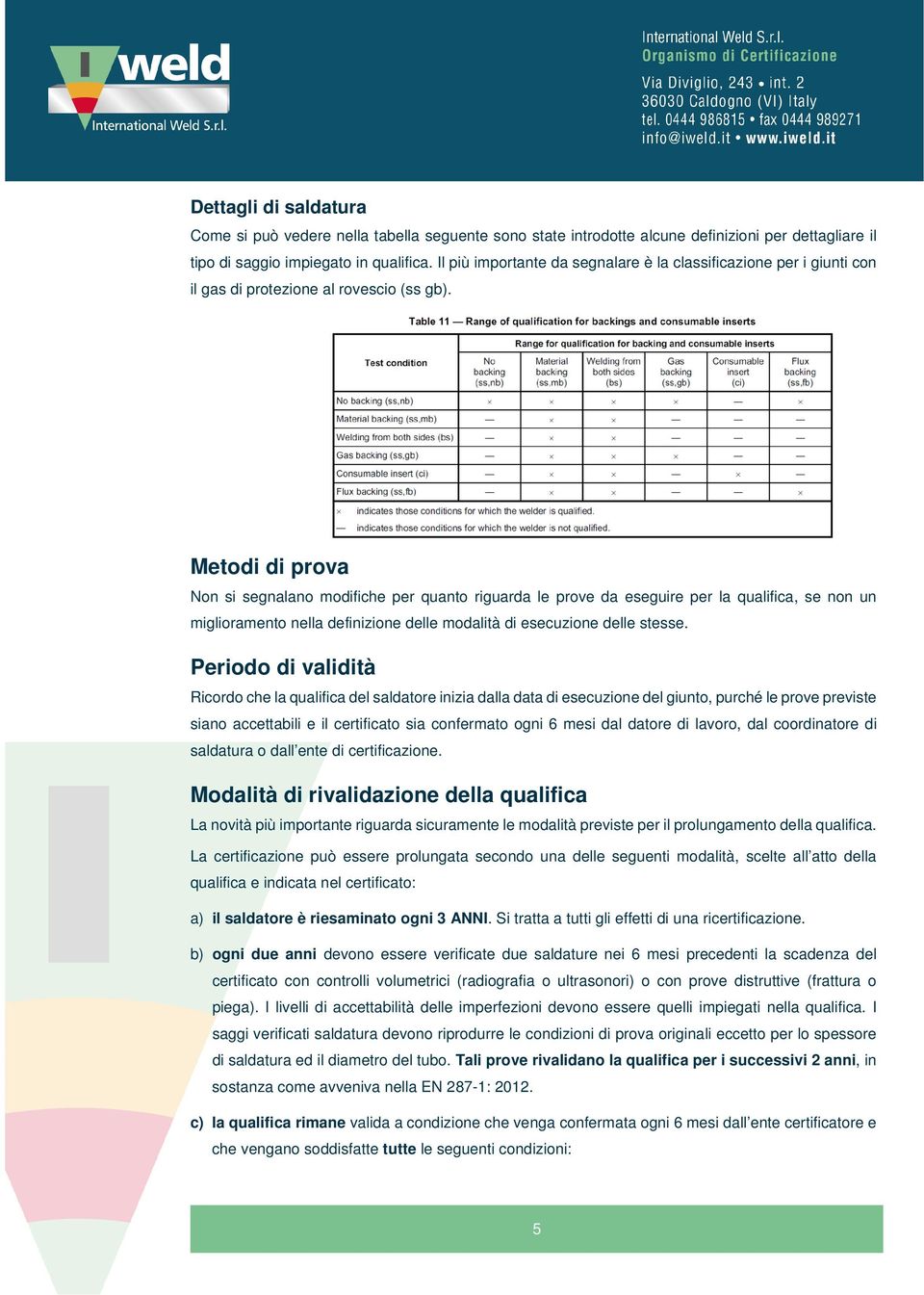 Metodi di prova Non si segnalano modifiche per quanto riguarda le prove da eseguire per la qualifica, se non un miglioramento nella definizione delle modalità di esecuzione delle stesse.