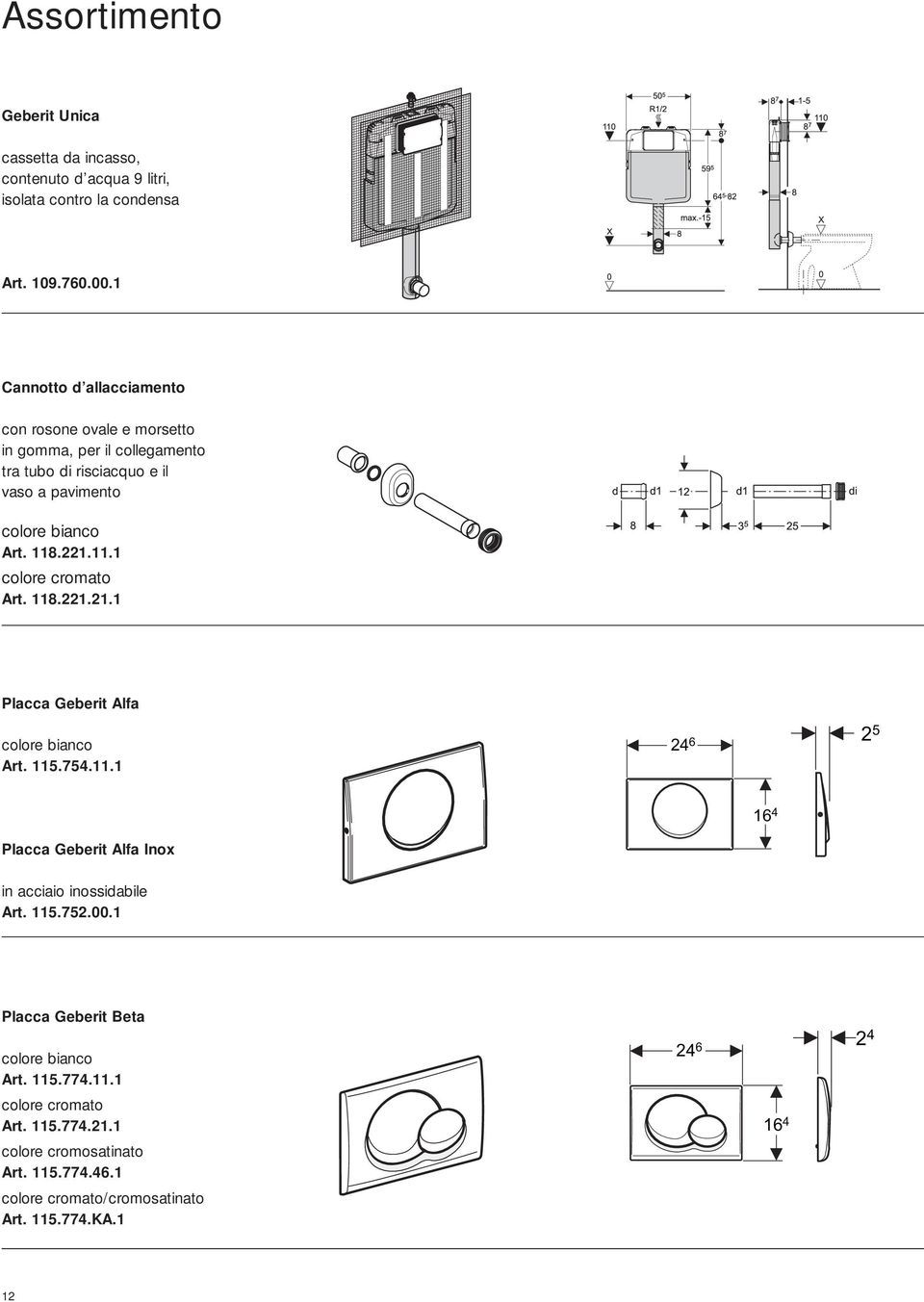 11.1 colore cromato Art. 118.221.21.1 Placca Geberit Alfa colore bianco Art. 115.754.11.1 24 6 2 5 16 4 Placca Geberit Alfa Inox in acciaio inossidabile Art.
