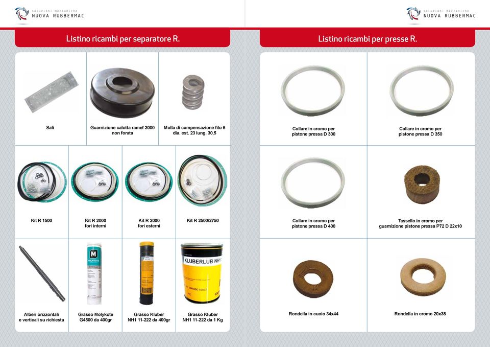 30,5 Collare in cromo per pistone pressa D 300 Collare in cromo per pistone pressa D 350 Kit R 1500 Kit R 2000 fori interni Kit R 2000 fori esterni Kit R