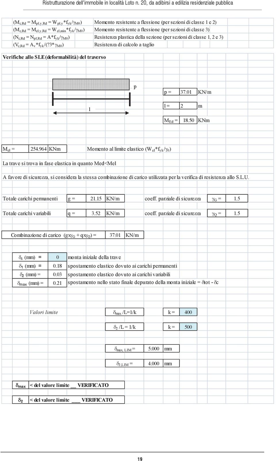 3*g M0 ) Resistenza di calcolo a taglio Verifiche allo SLE (deformabilità) del traverso p p = 37.0 KN/m l l = 2 m M Ed = 8.50 KNm M el = 254.