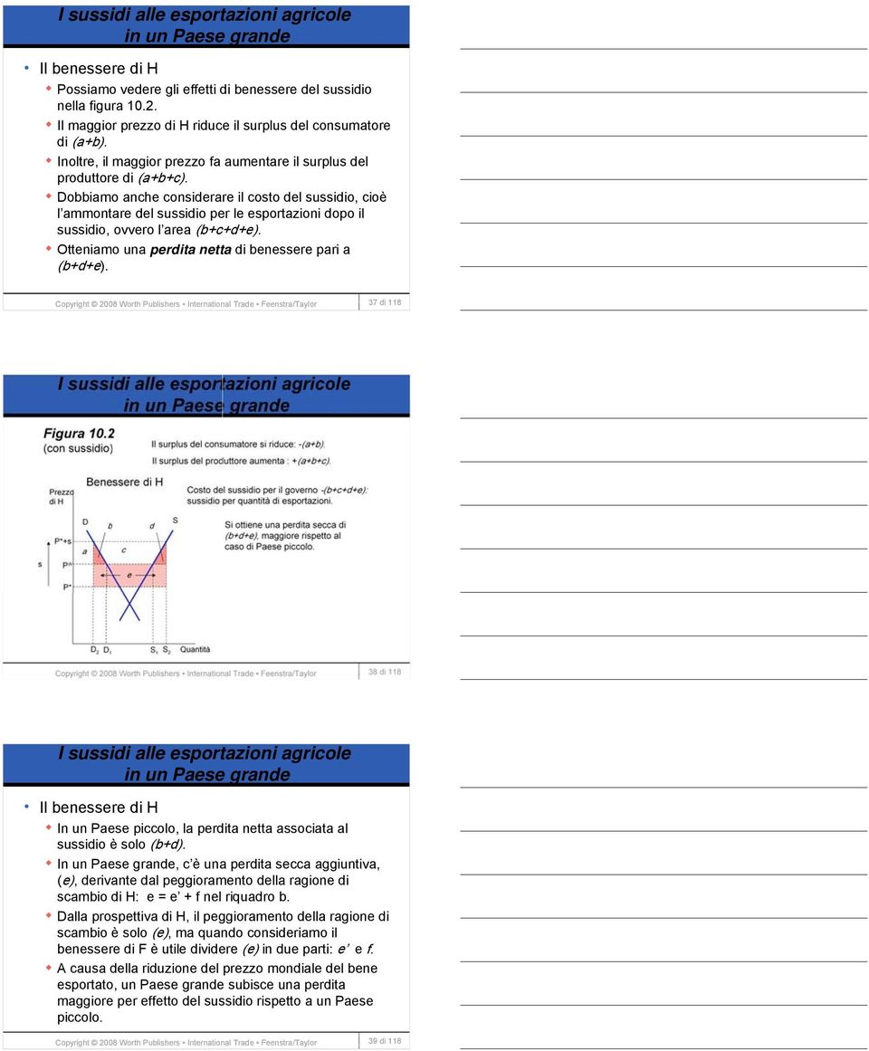 Dobbiamo anche considerare il costo del sussidio, cioè l ammontare del sussidio per le esportazioni dopo il sussidio, ovvero l area (b+c+d+e). Otteniamo una perdita netta di benessere pari a (b+d+e).