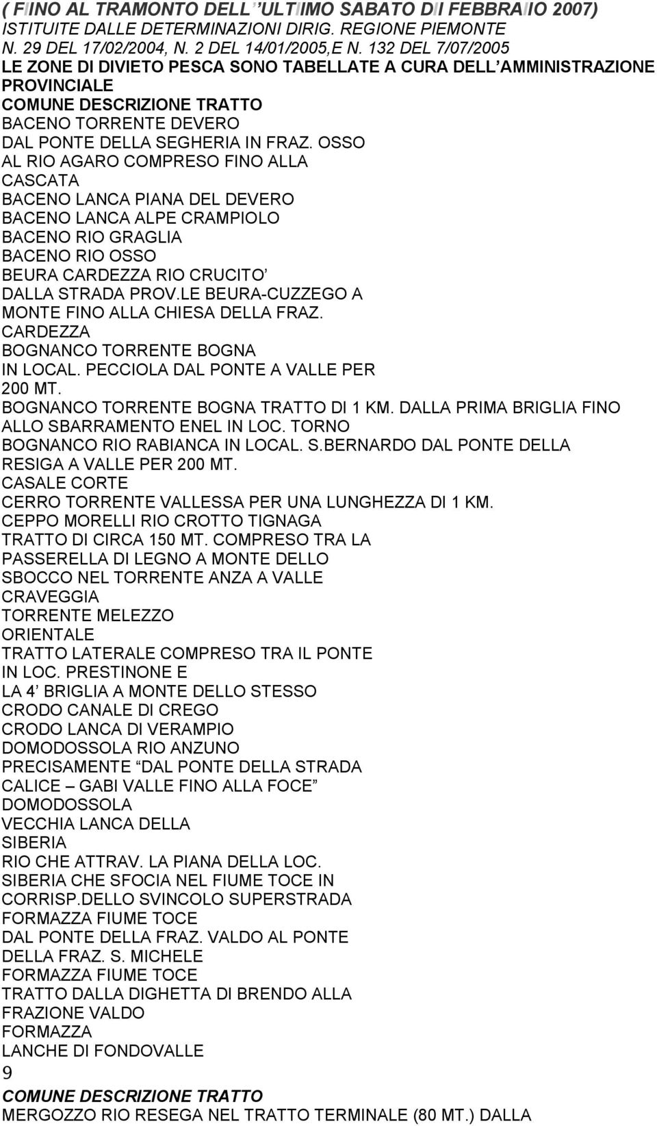 OSSO AL RIO AGARO COMPRESO FINO ALLA CASCATA BACENO LANCA PIANA DEL DEVERO BACENO LANCA ALPE CRAMPIOLO BACENO RIO GRAGLIA BACENO RIO OSSO BEURA CARDEZZA RIO CRUCITO DALLA STRADA PROV.