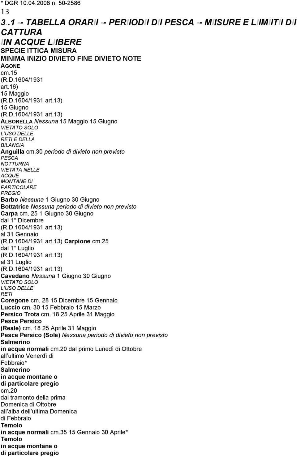 30 periodo di divieto non previsto PESCA NOTTURNA VIETATA NELLE ACQUE MONTANE DI PARTICOLARE PREGIO Barbo Nessuna 1 Giugno 30 Giugno Bottatrice Nessuna periodo di divieto non previsto Carpa cm.