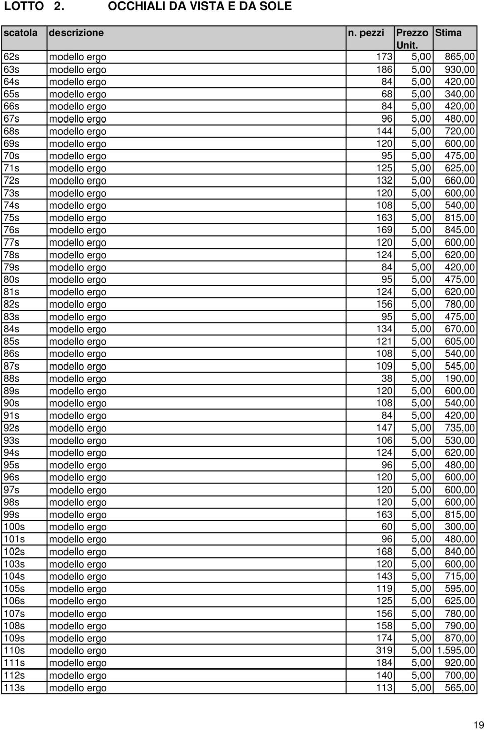 modello ergo 144 5,00 720,00 69s modello ergo 120 5,00 600,00 70s modello ergo 95 5,00 475,00 71s modello ergo 125 5,00 625,00 72s modello ergo 132 5,00 660,00 73s modello ergo 120 5,00 600,00 74s