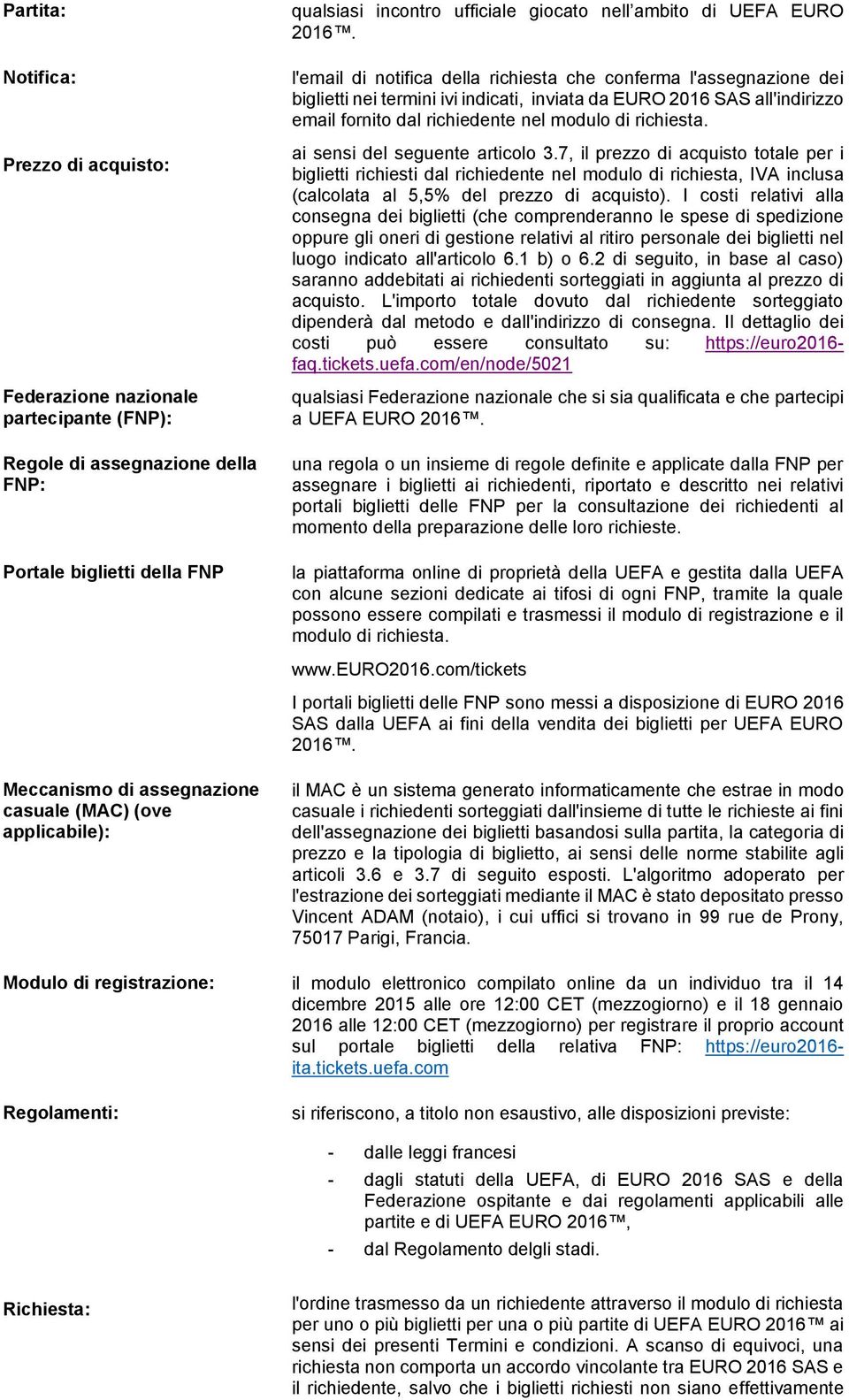 l'email di notifica della richiesta che conferma l'assegnazione dei biglietti nei termini ivi indicati, inviata da EURO 2016 SAS all'indirizzo email fornito dal richiedente nel modulo di richiesta.