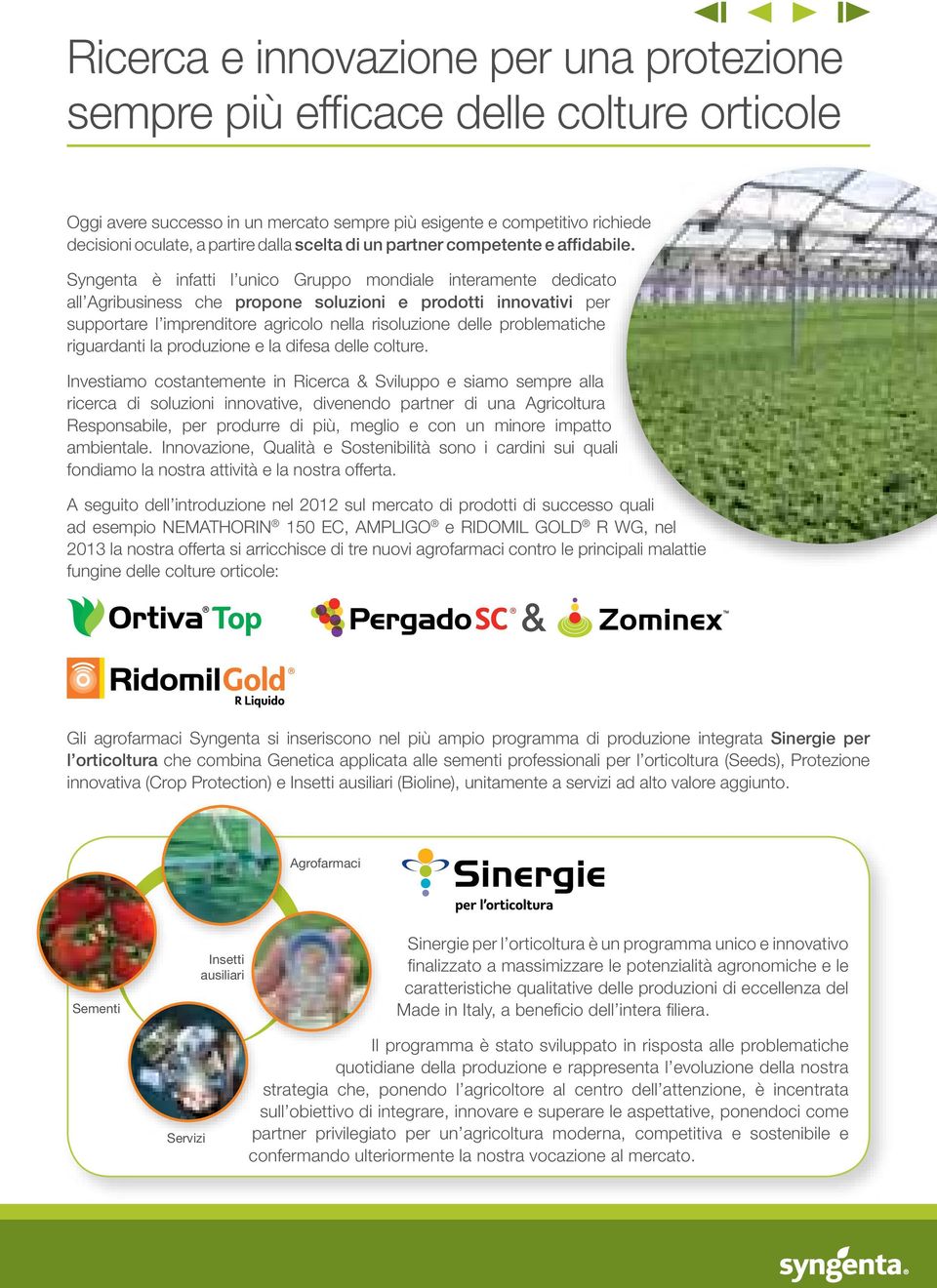Syngenta è infatti l unico Gruppo mondiale interamente dedicato all Agribusiness che propone soluzioni e prodotti innovativi per supportare l imprenditore agricolo nella risoluzione delle