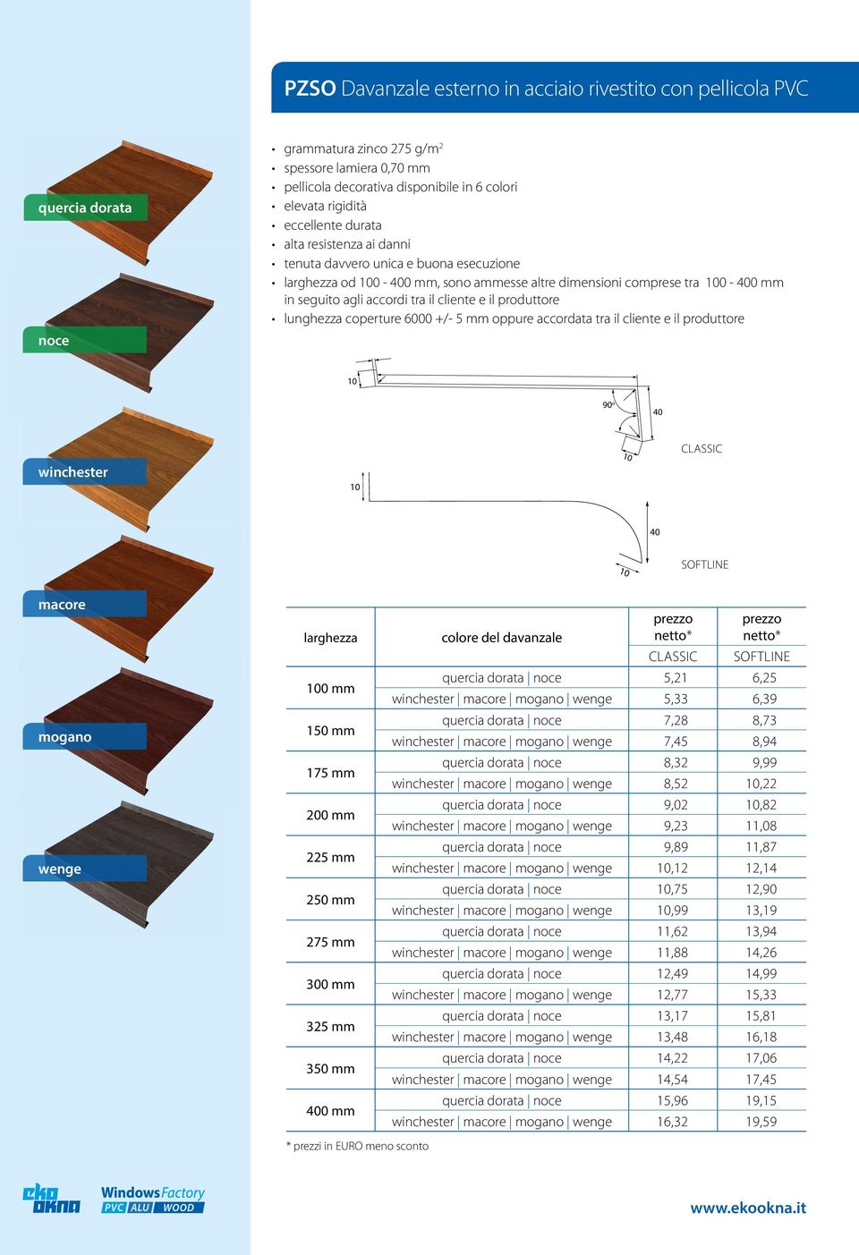 produttore lunghezza coperture 6000 +/- 5 mm oppure accordata tra il cliente e il produttore 90 o 40 winchester CLASSIC 40 SOFTLINE macore mogano wenge larghezza 0 mm 175 mm 225 mm 275 mm 325 mm