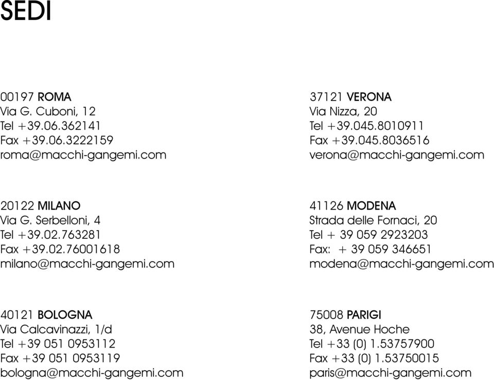 com 41126 MODENA Strada delle Fornaci, 20 Tel + 39 059 2923203 Fax: + 39 059 346651 modena@macchi-gangemi.