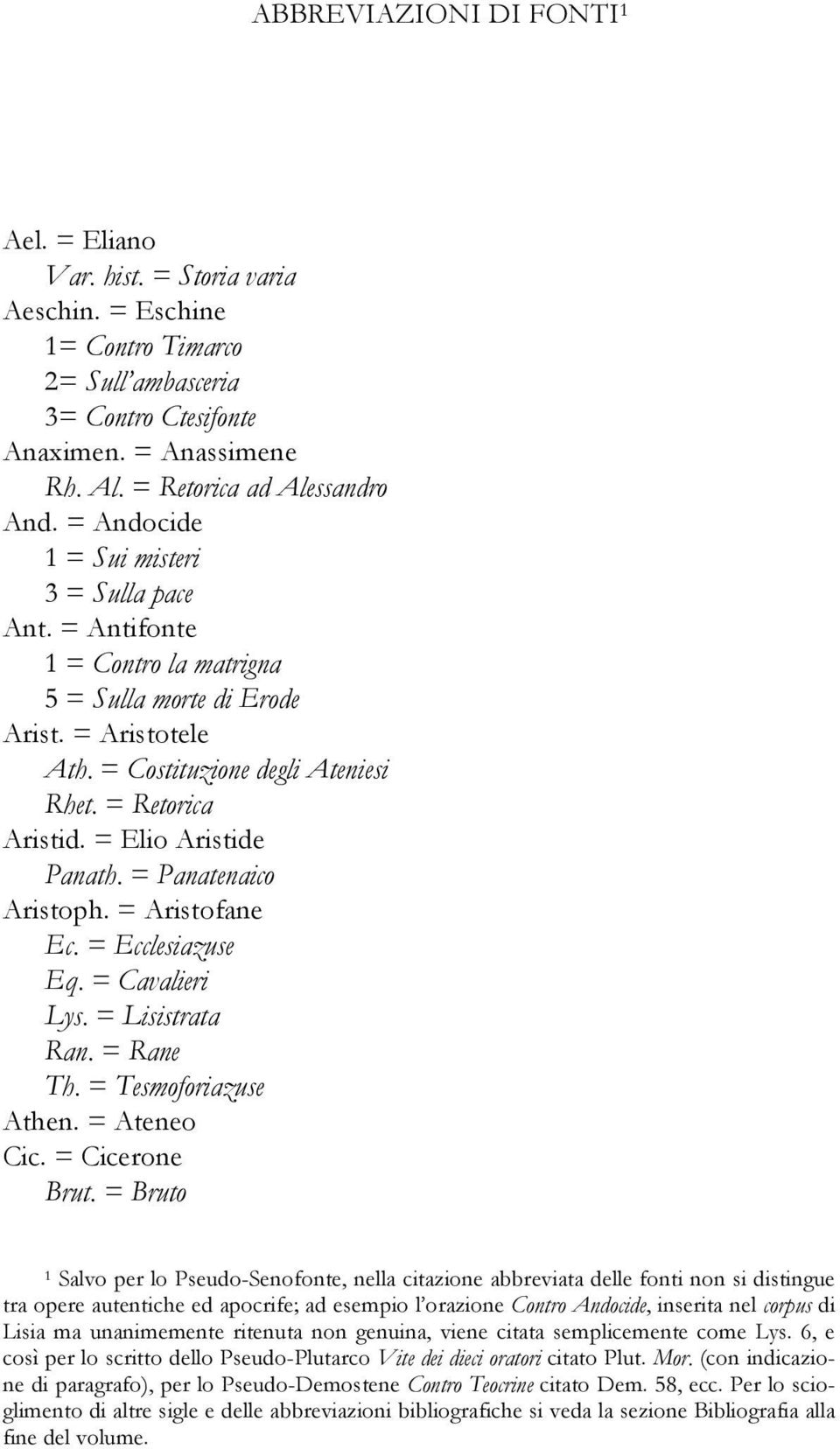 = Retorica Aristid. = Elio Aristide Panath. = Panatenaico Aristoph. = Aristofane Ec. = Ecclesiazuse Eq. = Cavalieri Lys. = Lisistrata Ran. = Rane Th. = Tesmoforiazuse Athen. = Ateneo Cic.