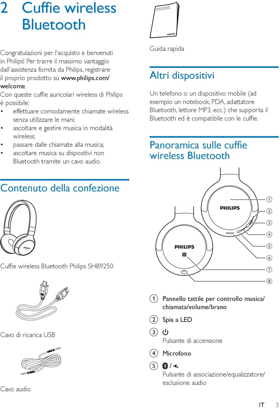 Con queste cuffie auricolari wireless di Philips è possibile: effettuare comodamente chiamate wireless senza utilizzare le mani; ascoltare e gestire musica in modalità wireless; passare dalle