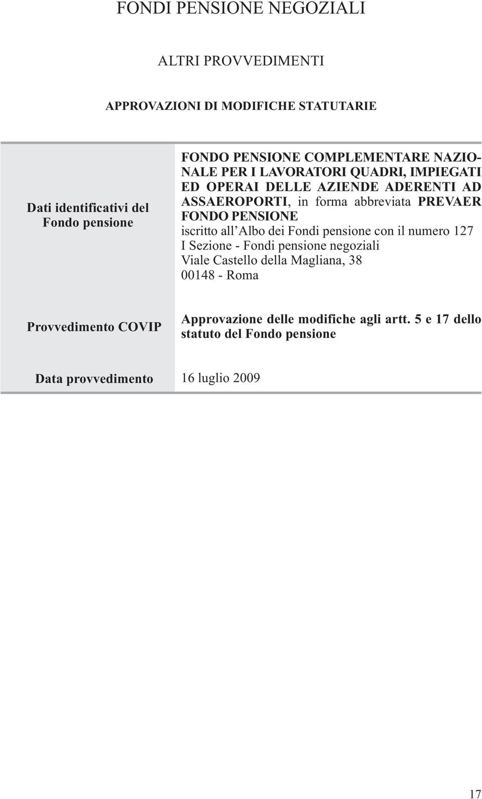 FONDO PENSIONE iscritto all Albo dei Fondi pensione con il numero 127 I Sezione - Fondi pensione negoziali Viale Castello