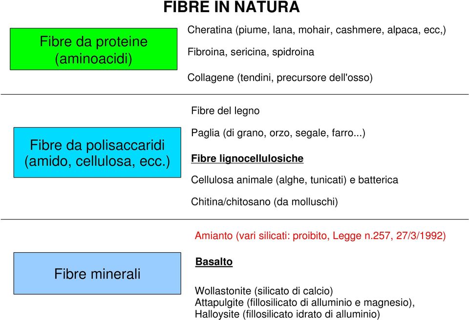 ..) Fibre lignocellulosiche Cellulosa animale (alghe, tunicati) e batterica Chitina/chitosano (da molluschi) Amianto (vari silicati: proibito, Legge n.