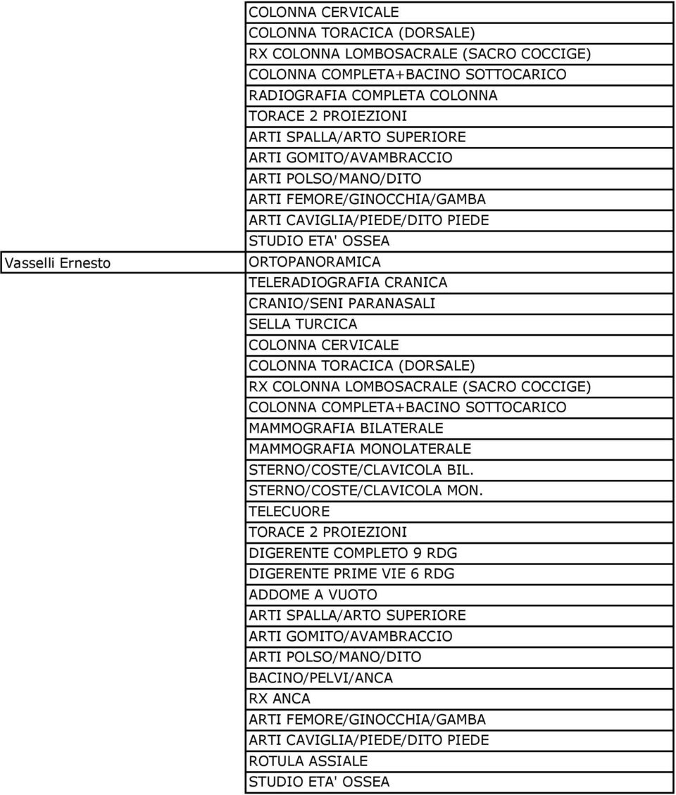 PARANASALI SELLA TURCICA COLONNA CERVICALE COLONNA TORACICA (DORSALE) RX COLONNA LOMBOSACRALE (SACRO COCCIGE) COLONNA COMPLETA+BACINO SOTTOCARICO MAMMOGRAFIA BILATERALE MAMMOGRAFIA MONOLATERALE