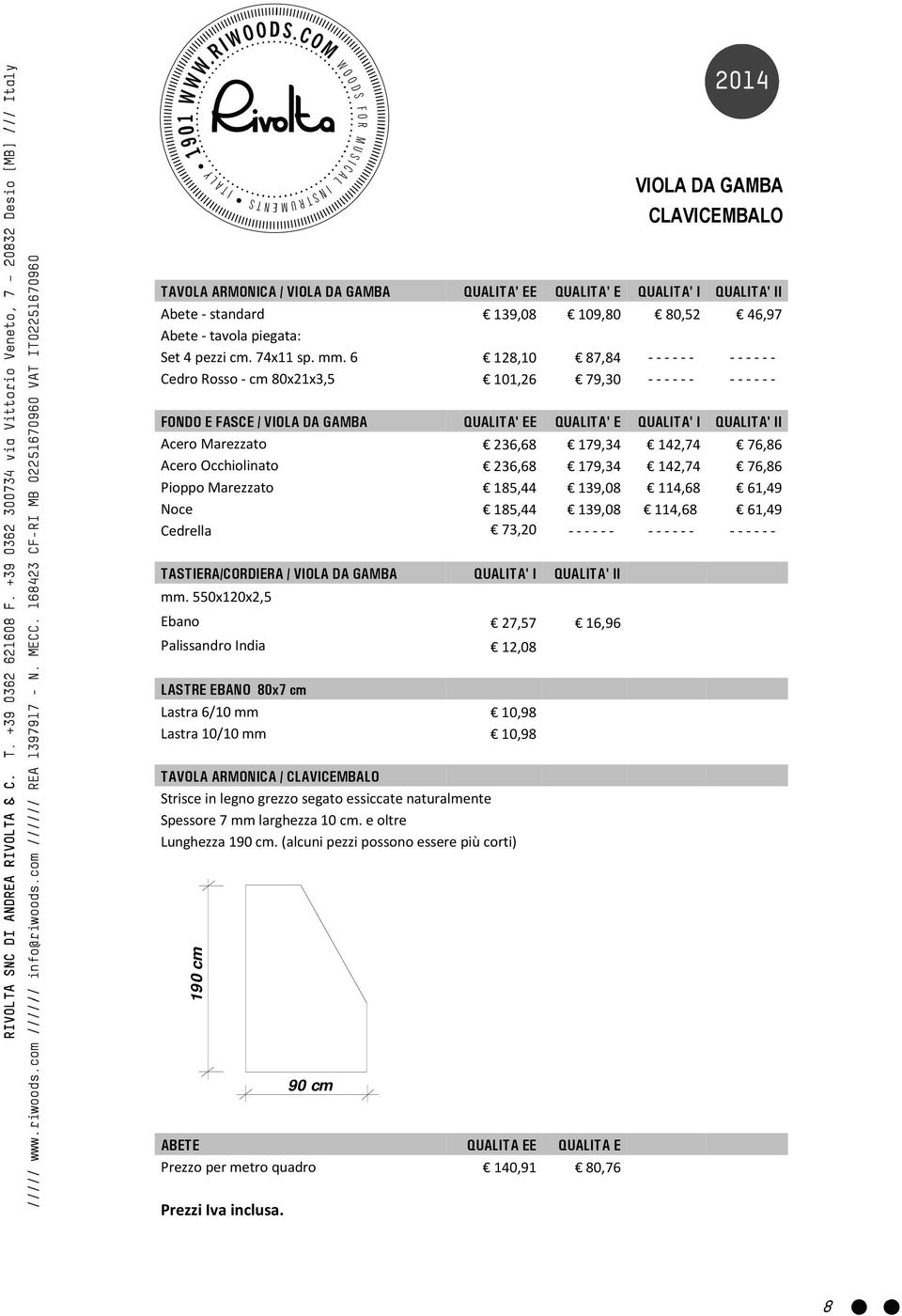 142,74 76,86 Acero Occhiolinato 236,68 179,34 142,74 76,86 Pioppo Marezzato 185,44 139,08 114,68 61,49 Noce 185,44 139,08 114,68 61,49 Cedrella 73,20 ------ ------ ------ TASTIERA/CORDIERA / VIOLA DA