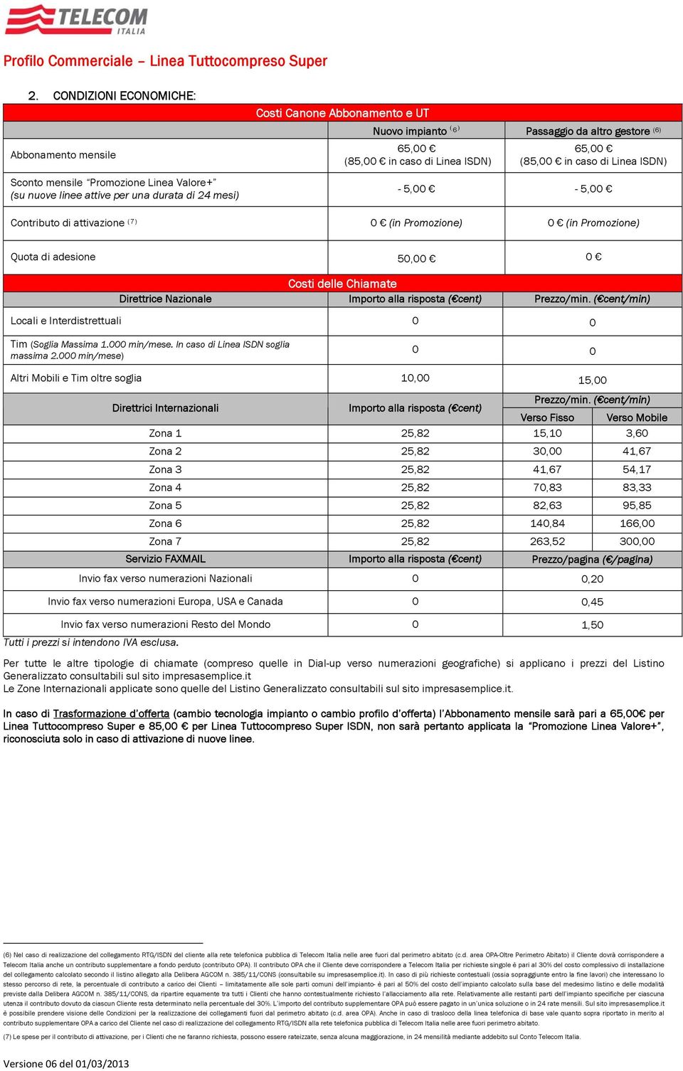 Costi delle Chiamate Direttrice Nazionale Importo alla risposta ( cent) Prezzo/min. ( cent/min) Locali e Interdistrettuali 0 0 Tim (Soglia Massima 1.000 min/mese.