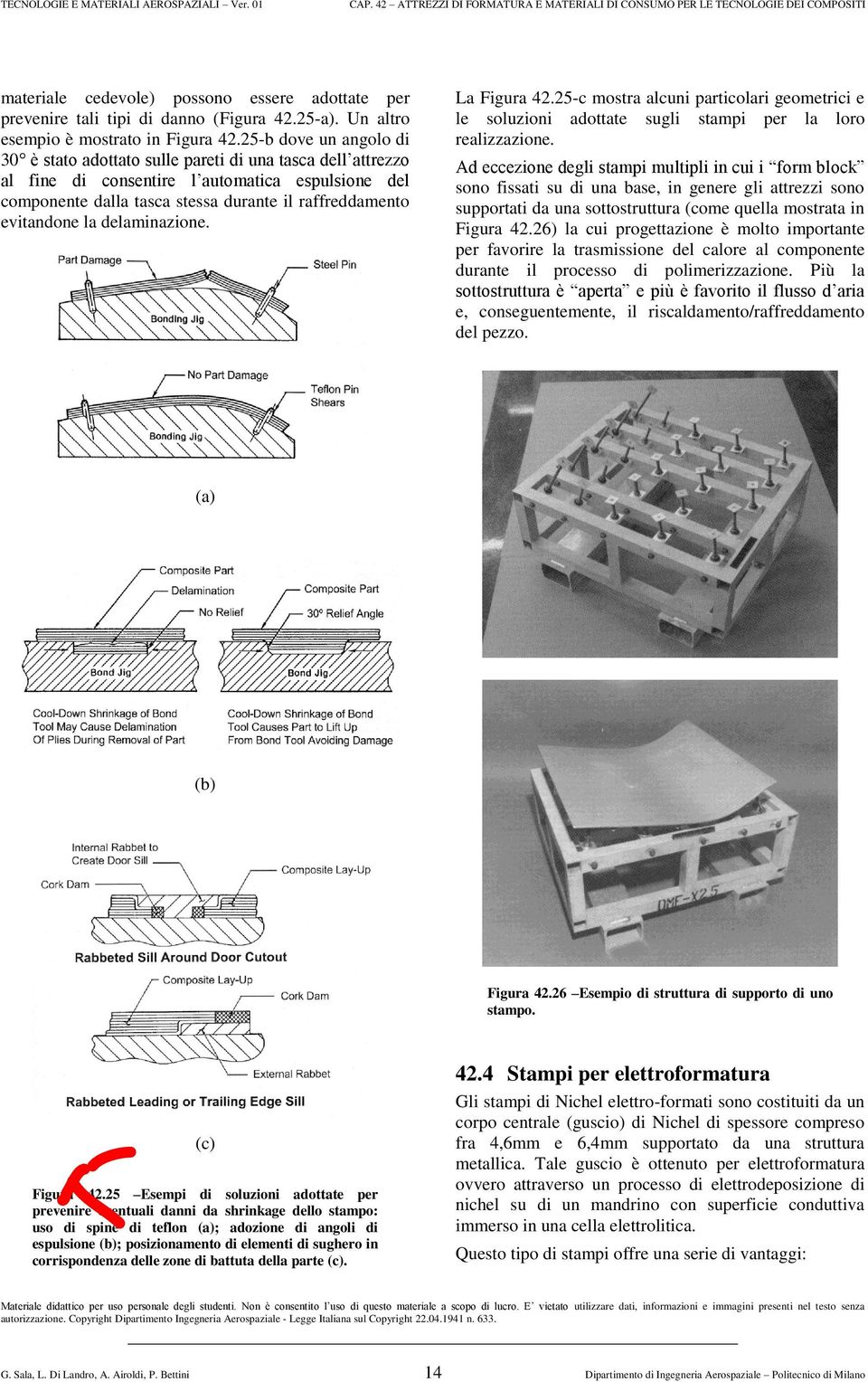 la delaminazione. La Figura 42.25-c mostra alcuni particolari geometrici e le soluzioni adottate sugli stampi per la loro realizzazione.