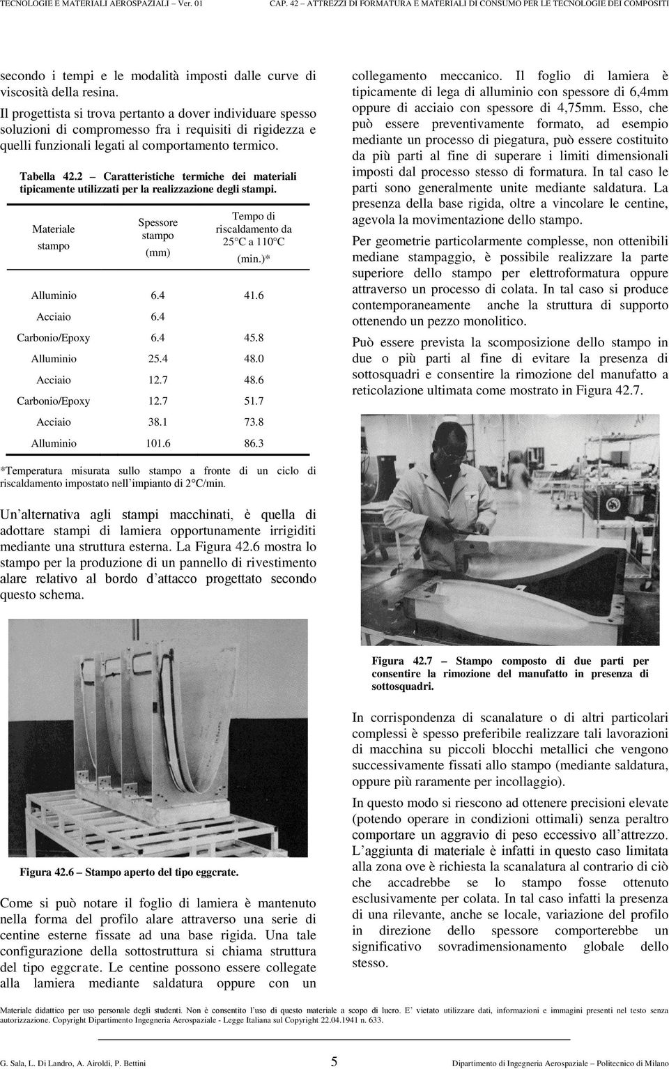 2 Caratteristiche termiche dei materiali tipicamente utilizzati per la realizzazione degli stampi. Materiale stampo Spessore stampo (mm) Tempo di riscaldamento da 25 C a 110 C (min.)* Alluminio 6.