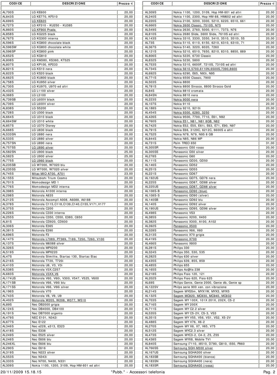 LG KS10 nera 20,00 AL822S LG KS20 black 20,00 AL662S LG KU800 black 20,00 AL758S LG KU950 silver 20,00 AL730S LG KU970, U970 ed altri 20,00 AL432S LG L1100 silver 20,00 AL368S LG L3100 20,00 AL739SB