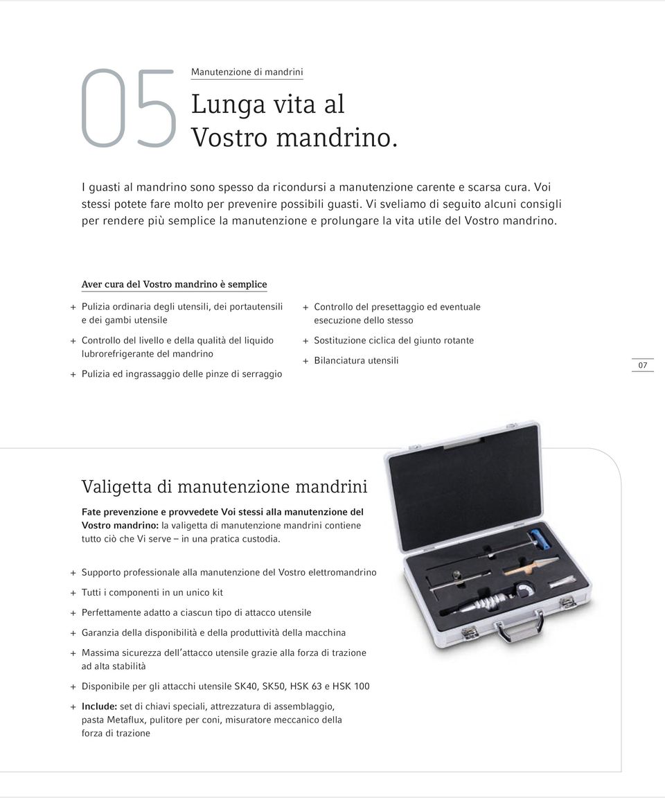 Aver cura del Vostro mandrino è semplice + + Pulizia ordinaria degli utensili, dei portautensili e dei gambi utensile + + Controllo del livello e della qualità del liquido lubrorefrigerante del