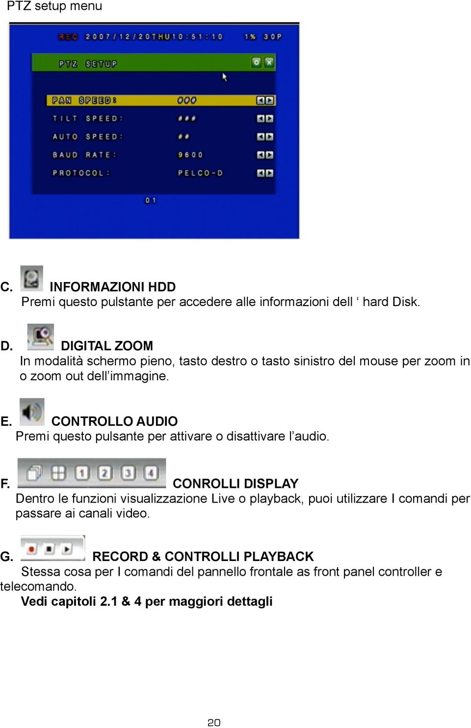 CONTROLLO AUDIO Premi questo pulsante per attivare o disattivare l audio. F.