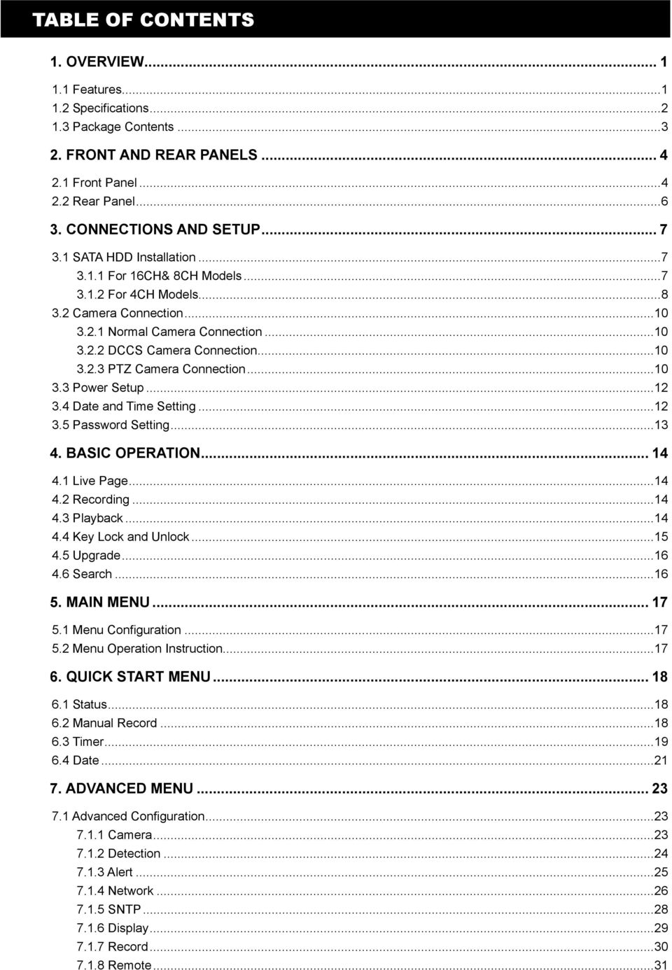 ..10 3.3 Power Setup...12 3.4 Date and Time Setting...12 3.5 Password Setting...13 4. BASIC OPERATION... 14 4.1 Live Page...14 4.2 Recording...14 4.3 Playback...14 4.4 Key Lock and Unlock...15 4.