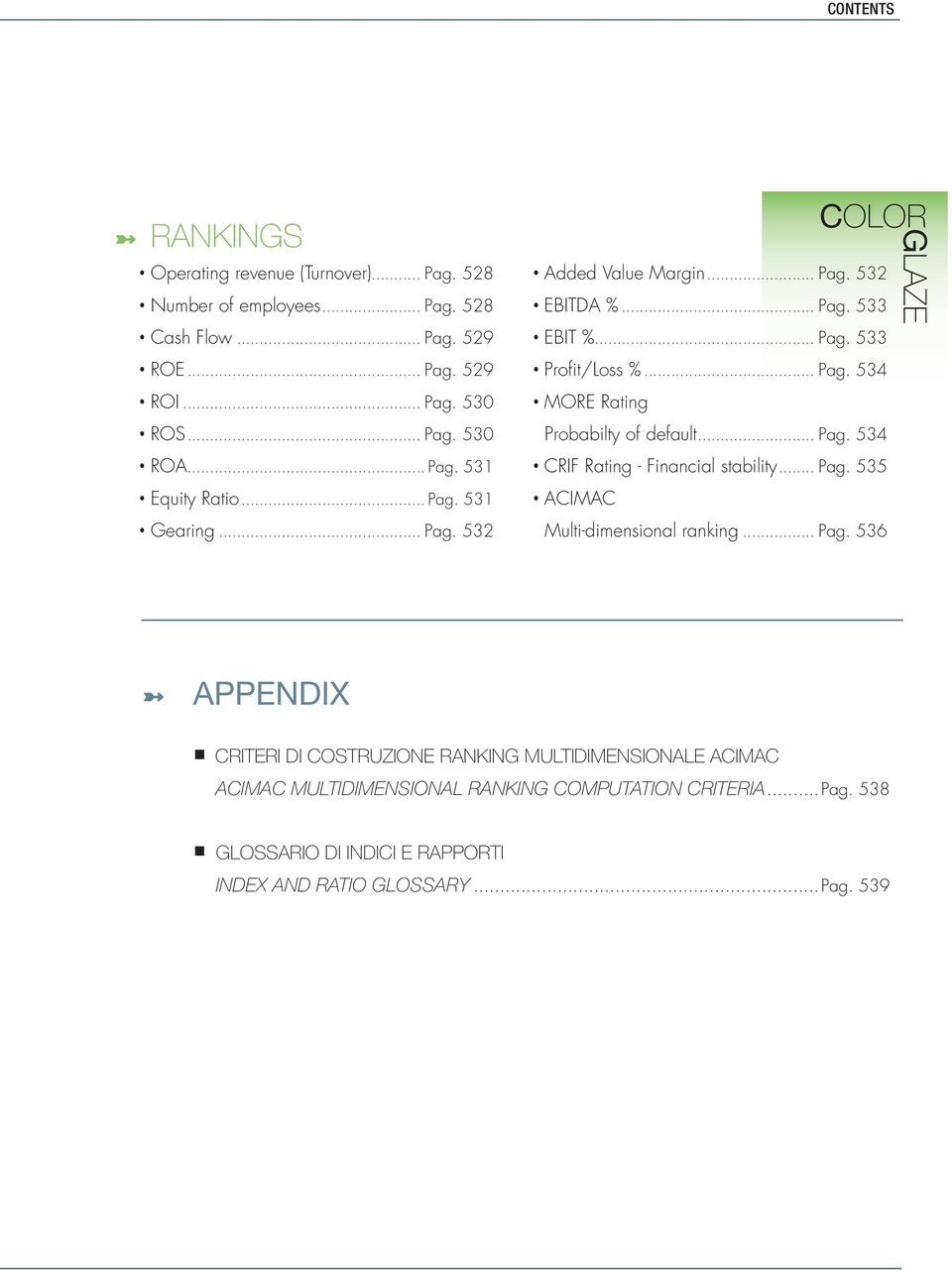 .. Pag. 534 CRIF Rating - Financial stability... Pag. 535 ACIMAC Multi-dimensional ranking... Pag. 536 GLAZE APPENDIX CRITERI DI COSTRUZIONE RANKING MULTIDIMENSIONALE ACIMAC ACIMAC MULTIDIMENSIONAL RANKING COMPUTATION CRITERIA.