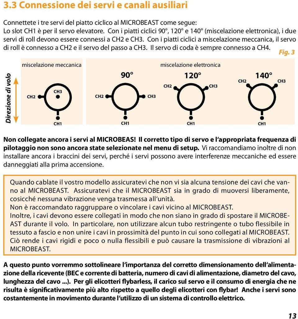 Con i piatti ciclici a miscelazione meccanica, il servo di roll è connesso a CH2 e il servo del passo a CH3. Il servo di coda è sempre connesso a CH4. Fig.