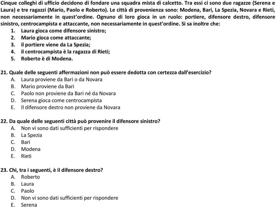 Ognuno di loro gioca in un ruolo: portiere, difensore destro, difensore sinistro, centrocampista e attaccante, non necessariamente in quest ordine. Si sa inoltre che: 1.