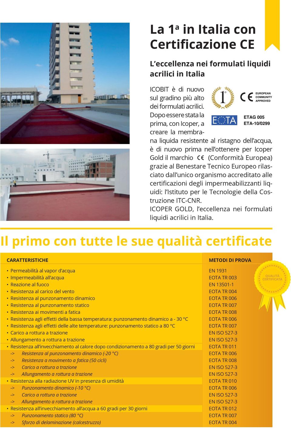 Benestare Tecnico Europeo rilasciato dall unico organismo accreditato alle certificazioni degli impermeabilizzanti liquidi: l Istituto per le Tecnologie della Costruzione ITC-CNR.