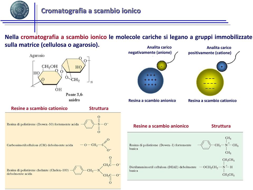 Analitacarico negativamente (anione) Analitacarico positivamente (catione) Resine a