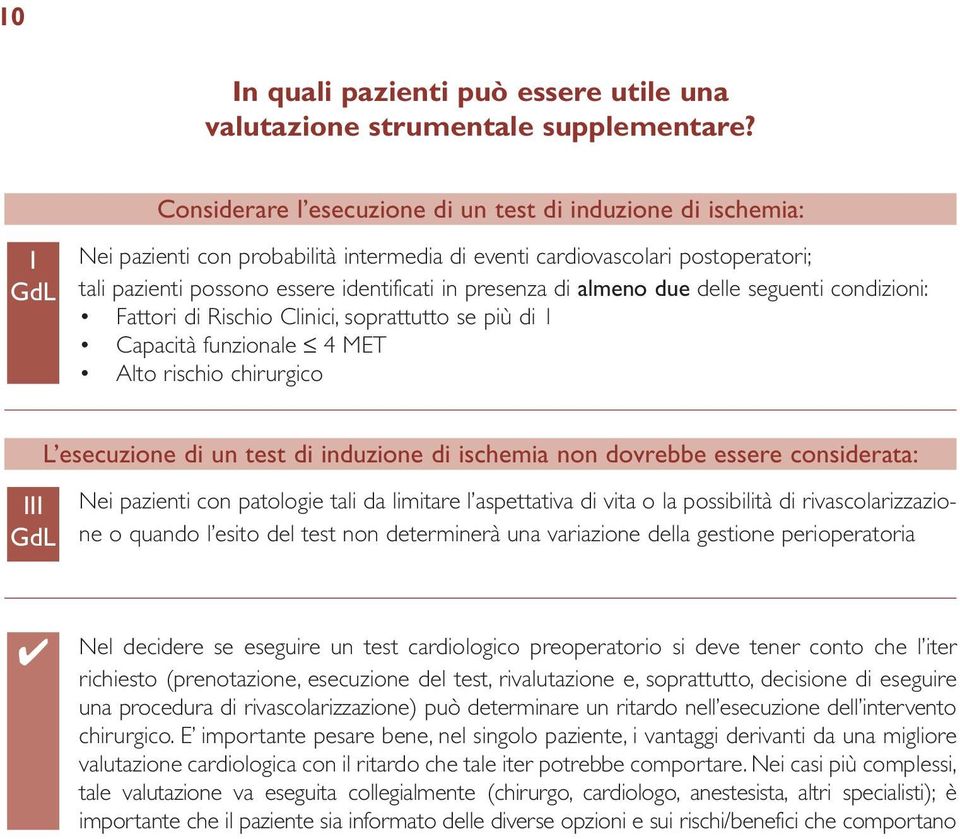 di almeno due delle seguenti condizioni: Fattori di Rischio Clinici, soprattutto se più di 1 Capacità funzionale 4 MET Alto rischio chirurgico L esecuzione di un test di induzione di ischemia non