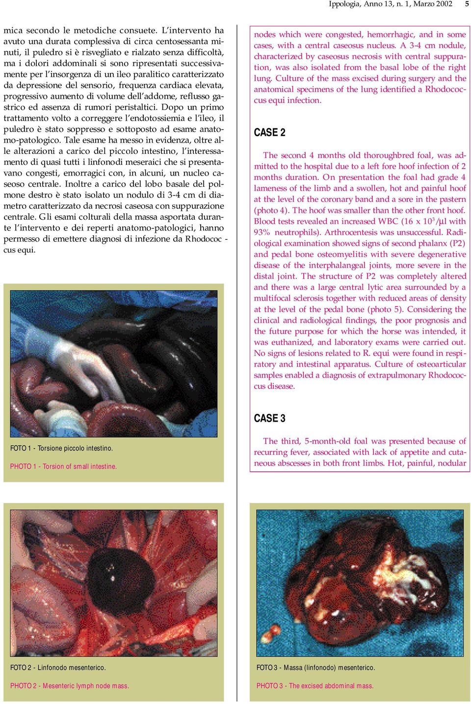 insorgenza di un ileo paralitico caratterizzato da depressione del sensorio, frequenza cardiaca elevata, progressivo aumento di volume dell addome, reflusso gastrico ed assenza di rumori peristaltici.